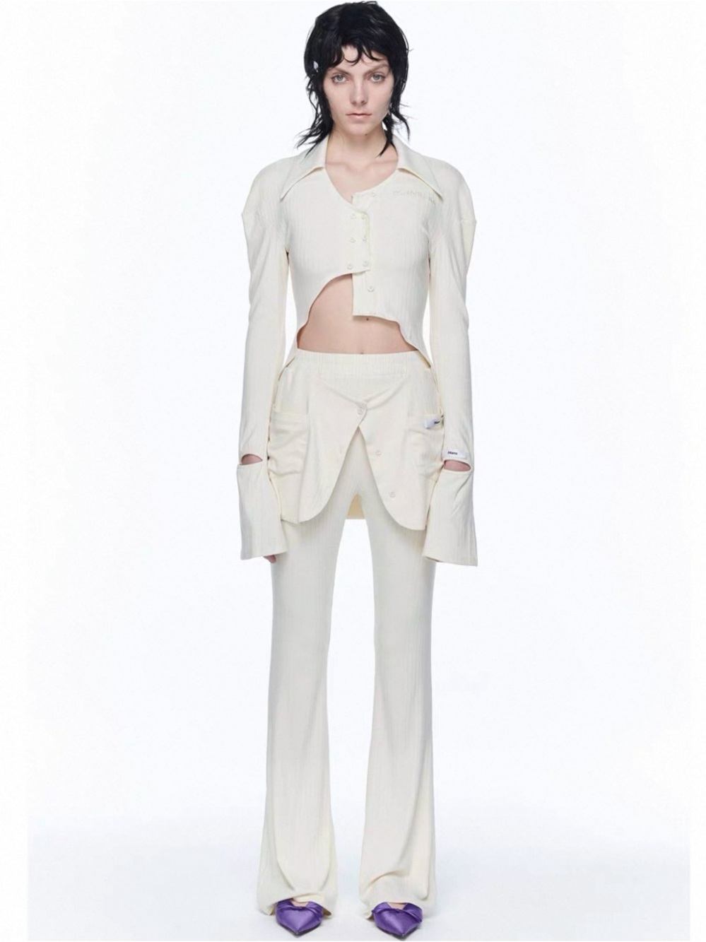 SET!!! 24ans Truth Ivory Knitting Ribbed cropped top n Flare Pant